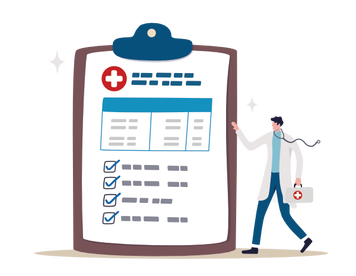 Picture Color Illustration, Male doctor stands next to giant medical checklist on a clipboard