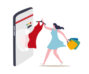 Picture Color Illustration, woman clothes shopping virtually through giant cell phone while holding shopping bags