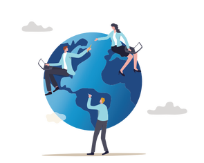 Picture Color Illustration of 2 men and 1 woman floating on a world globe sharing information with laptops
