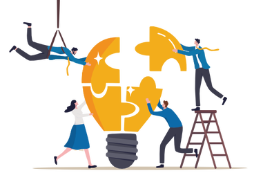 Picture color illustration, 3 men and 1 woman assemble giant lightbulb like a jigsaw puzzle