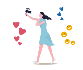 Picture Color Illustration, woman taking selfie surrounded by hearts, smiley faces and thumbs up