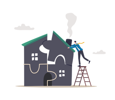 Picture Color Illustration of Man on ladder assebling a house like a jigsaw puzzle