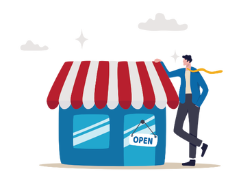 Picture Color Illustration, large man stands next to small business building with open sign on door
