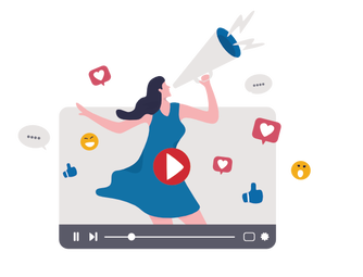 Picture Color Illustration of woman with megaphone on-screen with hearts, smiley faces, thumbs up while streaming video