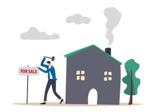Picture - color illustration of man placing for sale sign outside of home