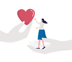 Picture Color Illustration Two hands hold woman reaching for a large red valentine style heart